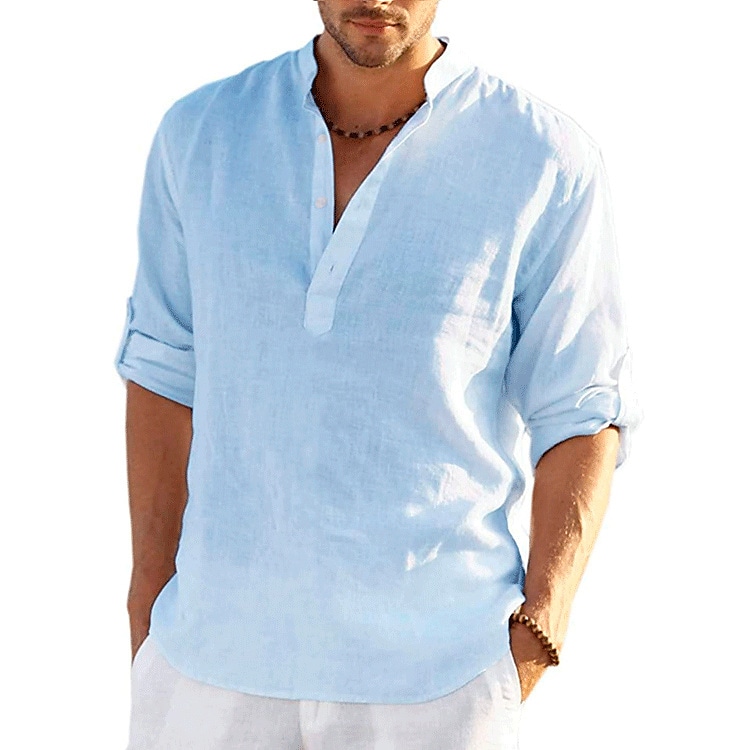 Camisa de lino camisa Band cuello camisa Popover camisa Summer camisa Beach Wear de color sólido hawaiano Holiday Black White Yellow Pink de manga larga Henley Summer Spring Clothing Apparel con botones para hombre - vista 10