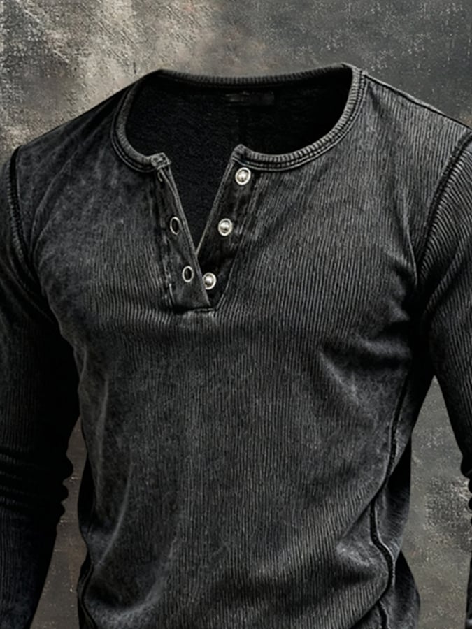 Camiseta vintage acanalado Pure de algodón Washed And desgastado de manga larga para hombre