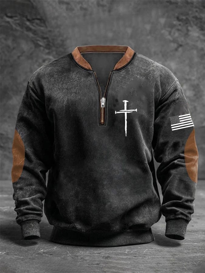 Sudadera retro Faith Cross estampado cierre Stand cuello de manga larga para hombre