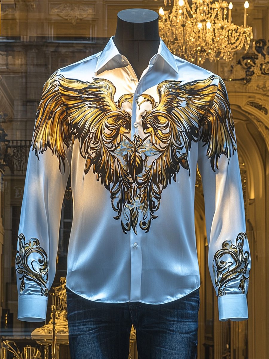 Camisa satén Luxe Wings de manga larga con botones para hombre