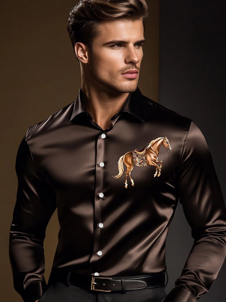 Camisa de lujo Black Chest Art Horse estampado de manga larga para hombre