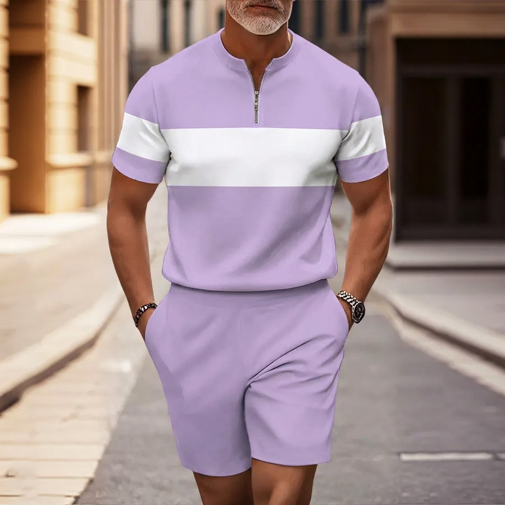 Conjunto de dos piezas casual White & Purple estampado de manga corta camisa And shorts para hombre