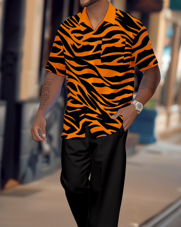 Camisa retro Tiger Pattern Colorblock de manga corta Walking Suit 1653 para hombre