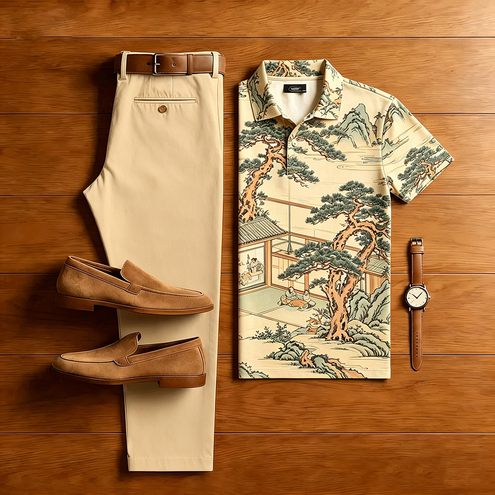 Conjunto de dos piezas casual Khaki Landscape estampado de manga corta camisa polo And Trousers para hombre