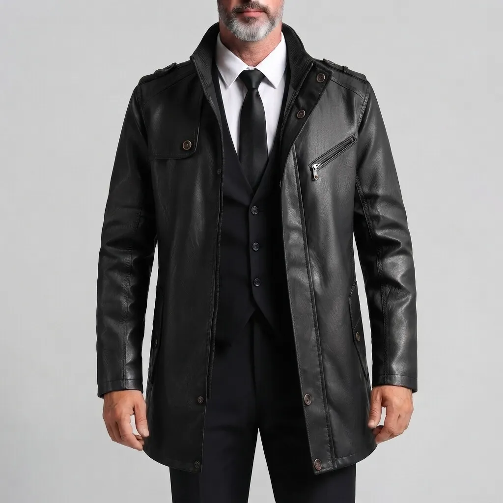 para hombre vintage Stand Collar de corte entallado Zipper Mid-Length PU Leather chaqueta