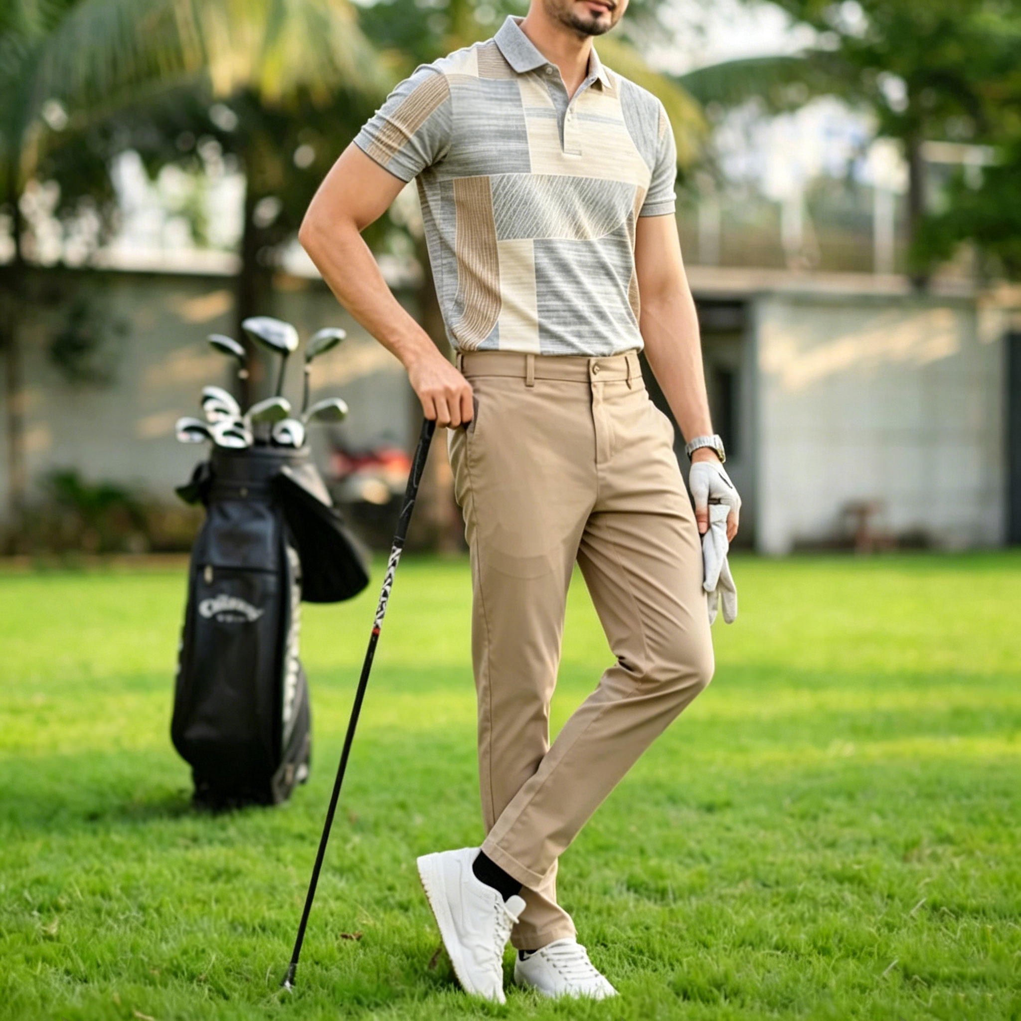 Conjunto de dos piezas casual Gray Geometry estampado camisa polo And pantalón para hombre