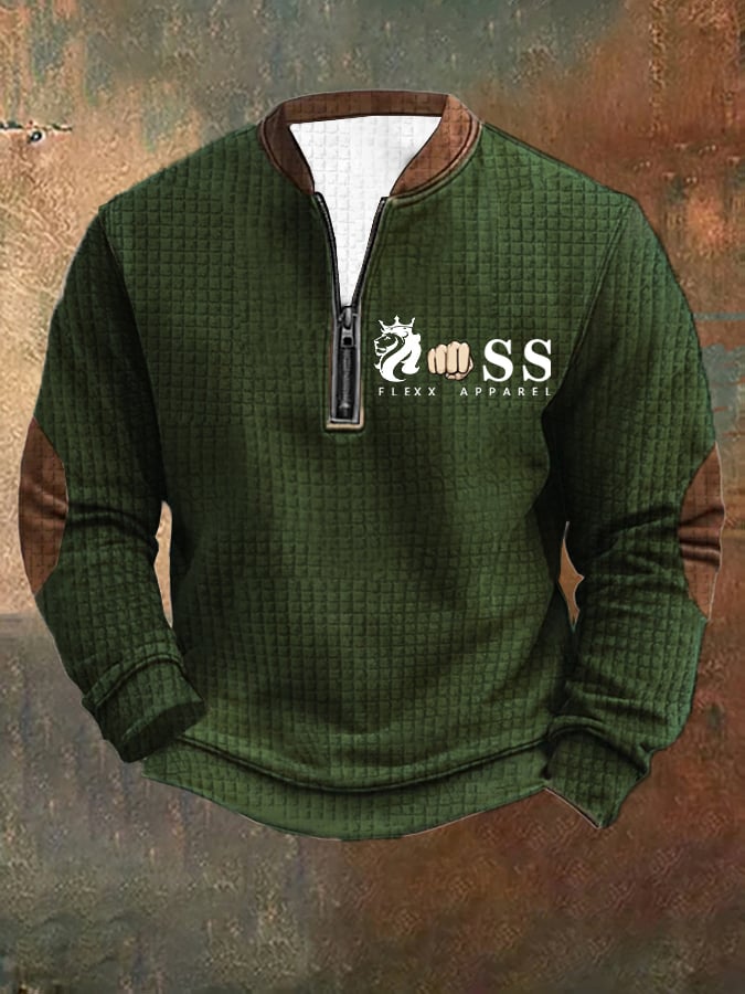 Sudadera retro Letter Design estampado cierre cuello Square jacquard para hombre