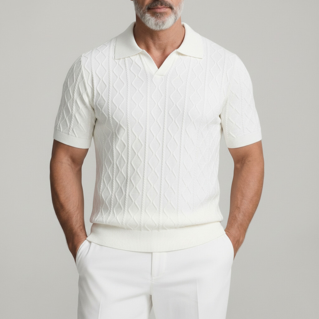 Camisa polo casual Geometric Textured de color sólido de corte entallado de manga corta para hombre