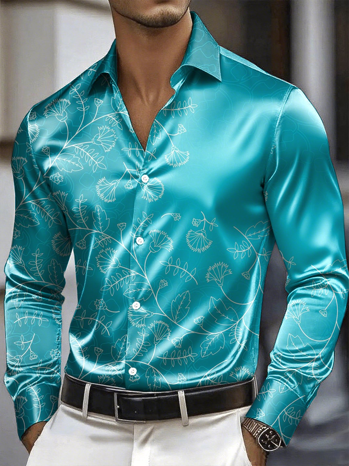 Camisa satén Luxe de manga larga con botones para hombre