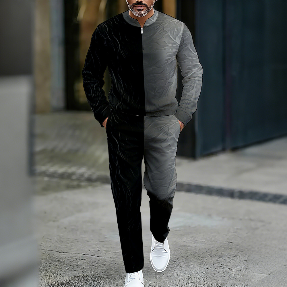 Conjunto de dos piezas casual Color Matching estampado Round-Neck Zipper de manga larga Trousers para hombre