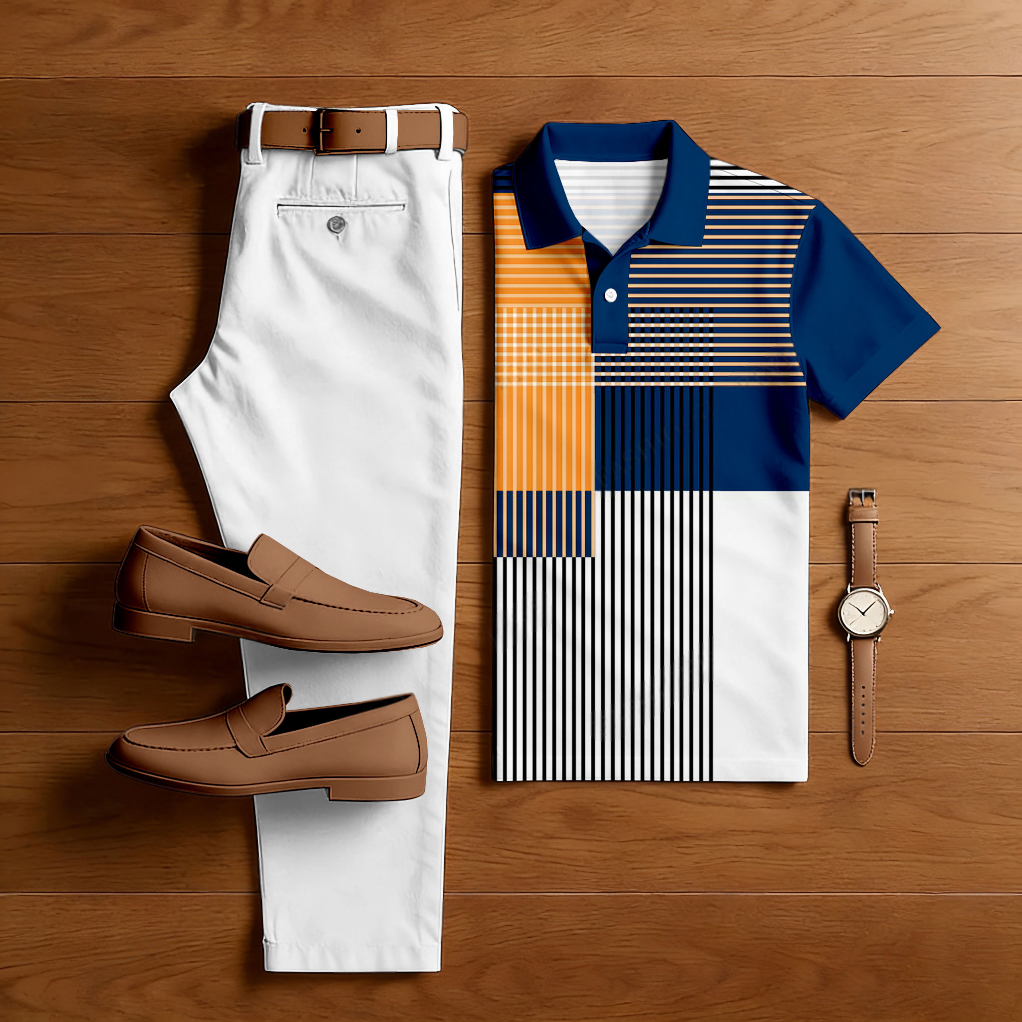 Conjunto de dos piezas casual Navy Blue & Orange rayas estampado camisa polo And pantalón para hombre