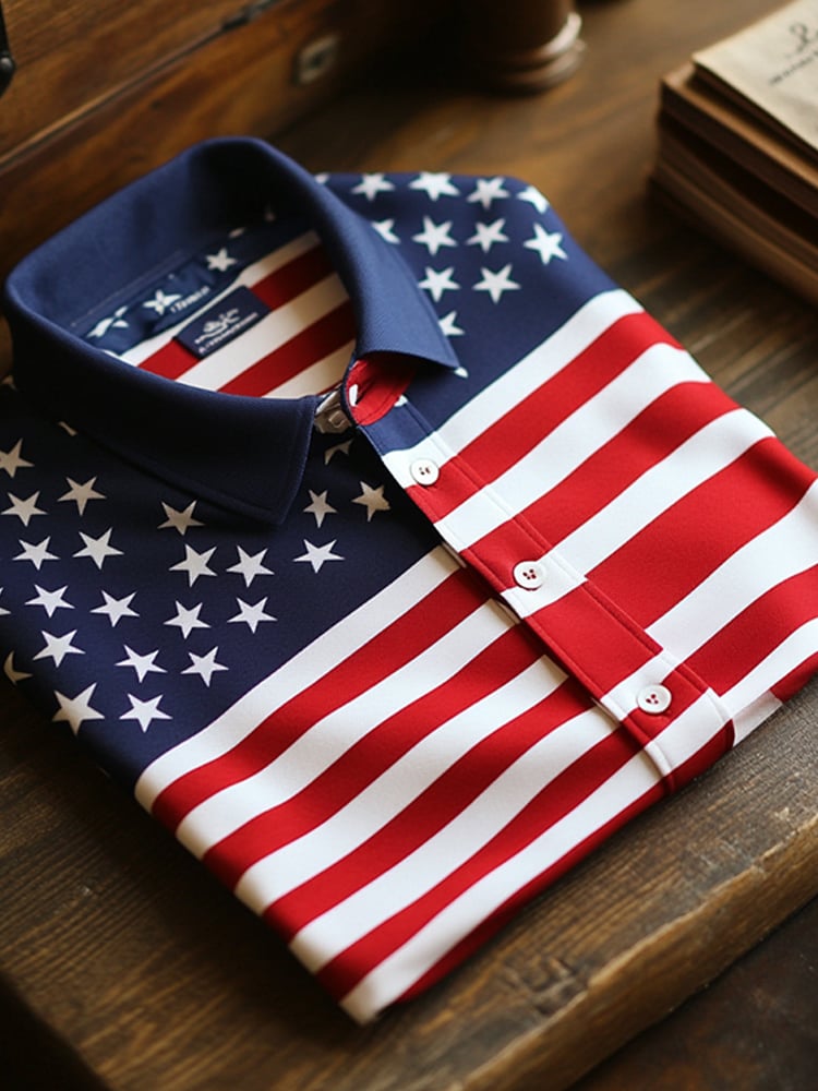 Camisa polo ejecutivo casual Flag Button de manga corta para hombre