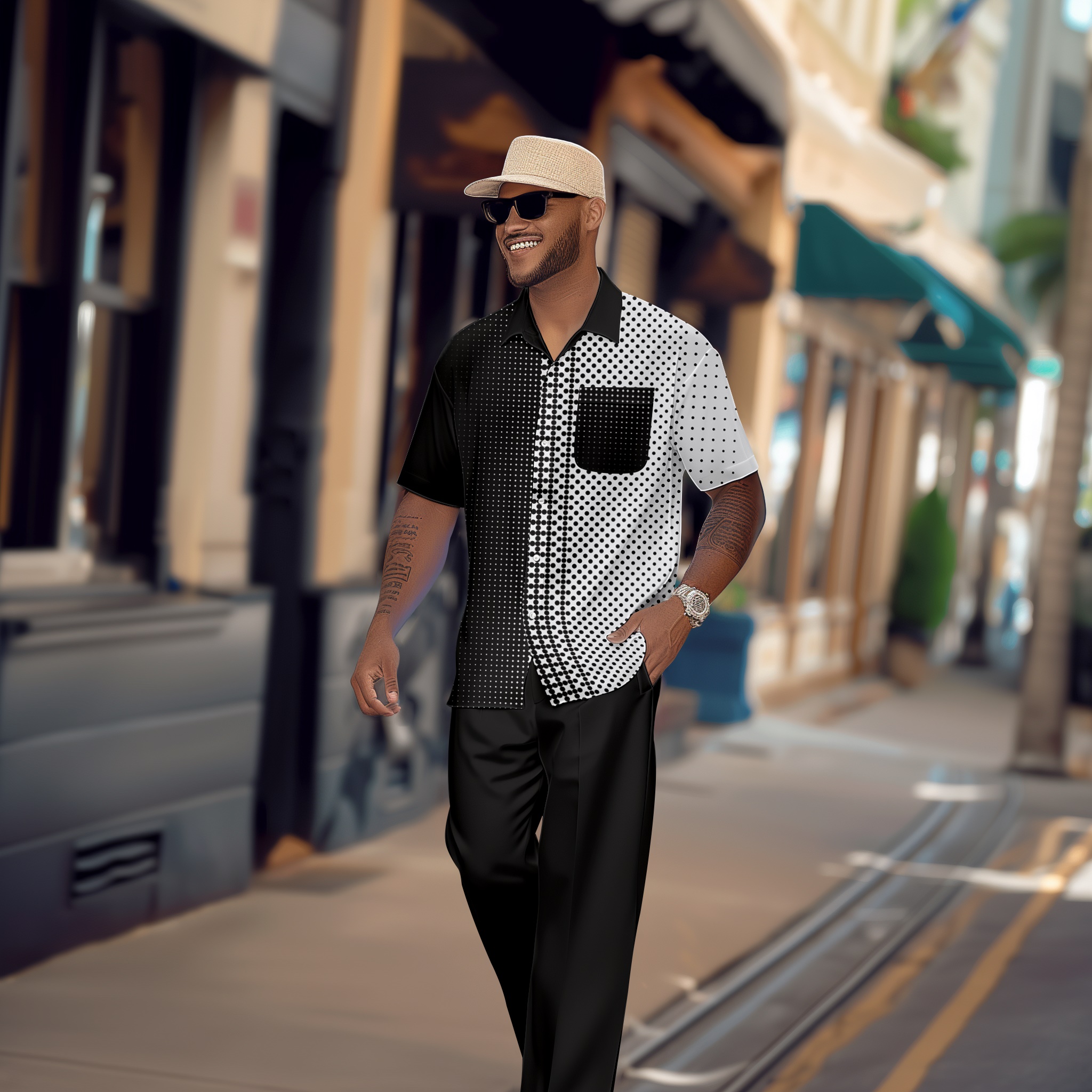 Camisa retro colorblock de manga corta walking Suit 1678 para hombre