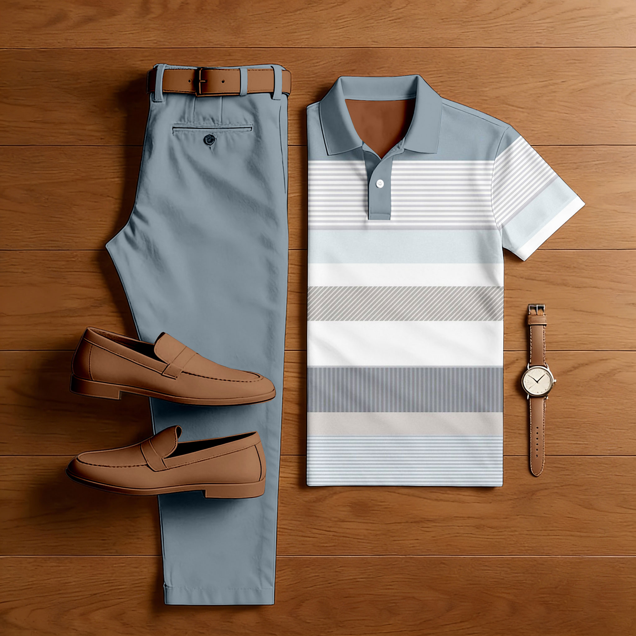 Conjunto de dos piezas casual Light Blue & White Color Matching a rayas estampado de manga corta camisa polo & Trousers para hombre