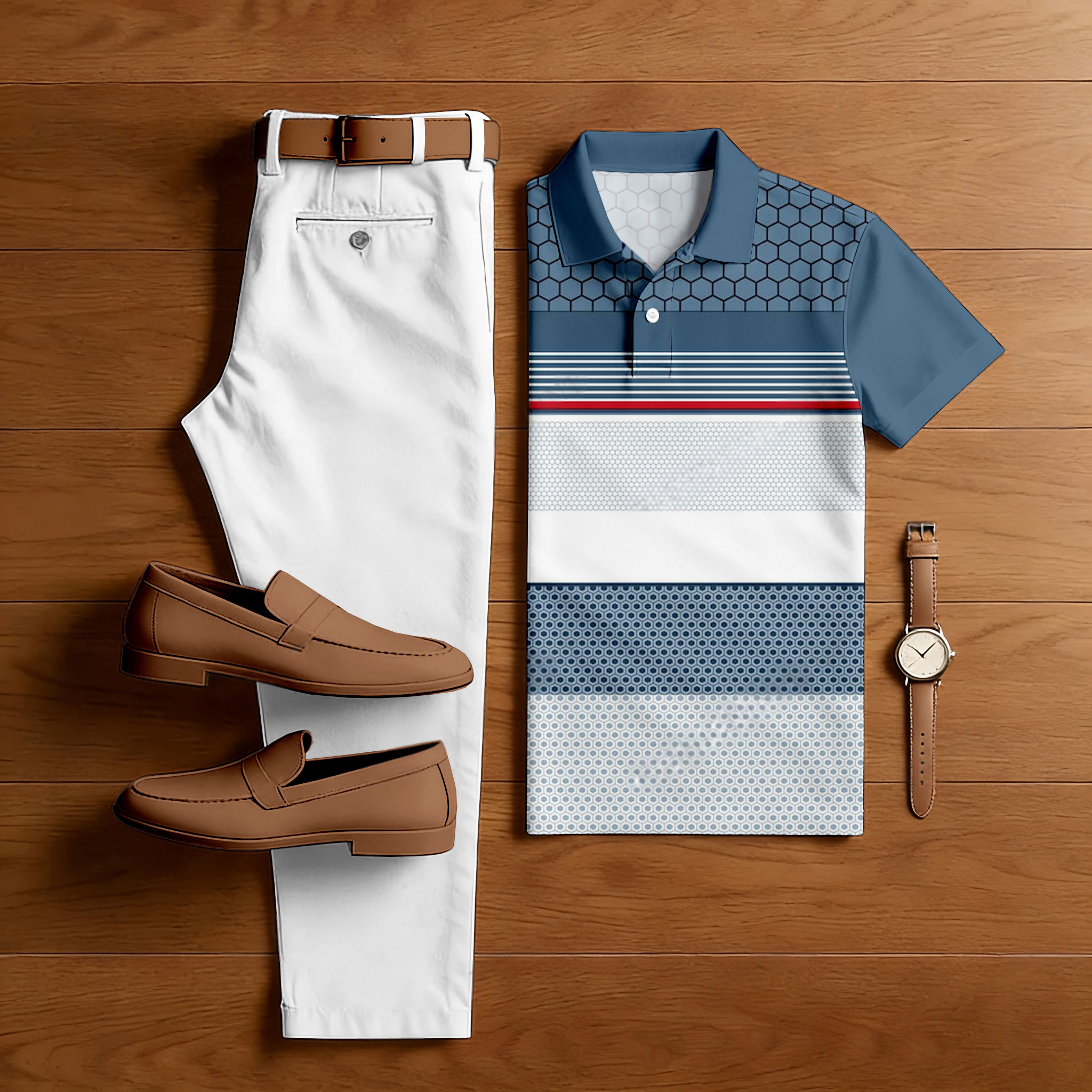 Conjunto de dos piezas casual Dark Blue a cuadros estampado camisa polo And pantalón para hombre