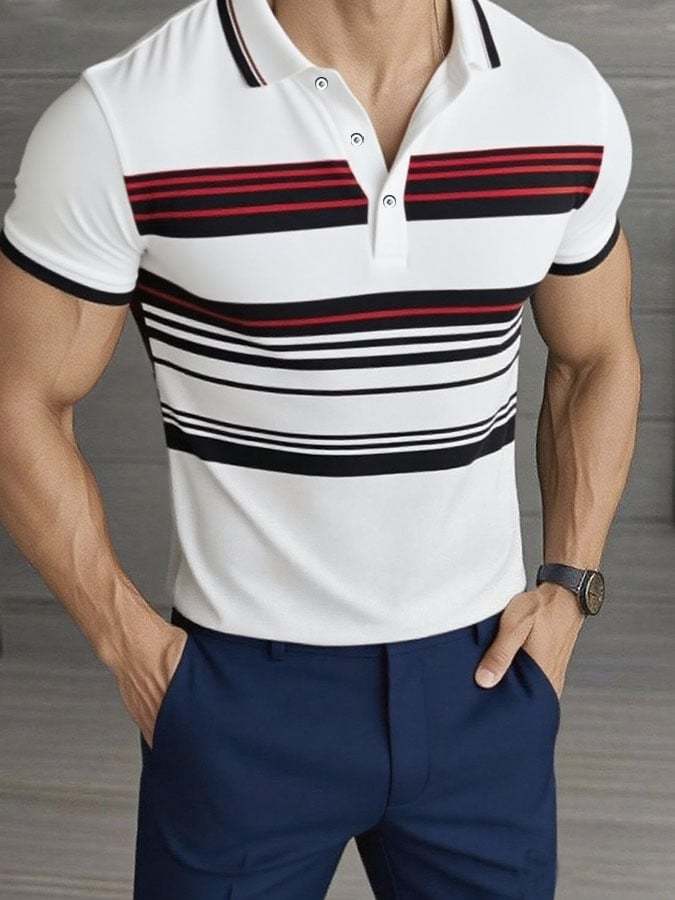 Camisa polo casual clásico a rayas estampado ejecutivo de manga corta para hombre - vista 1