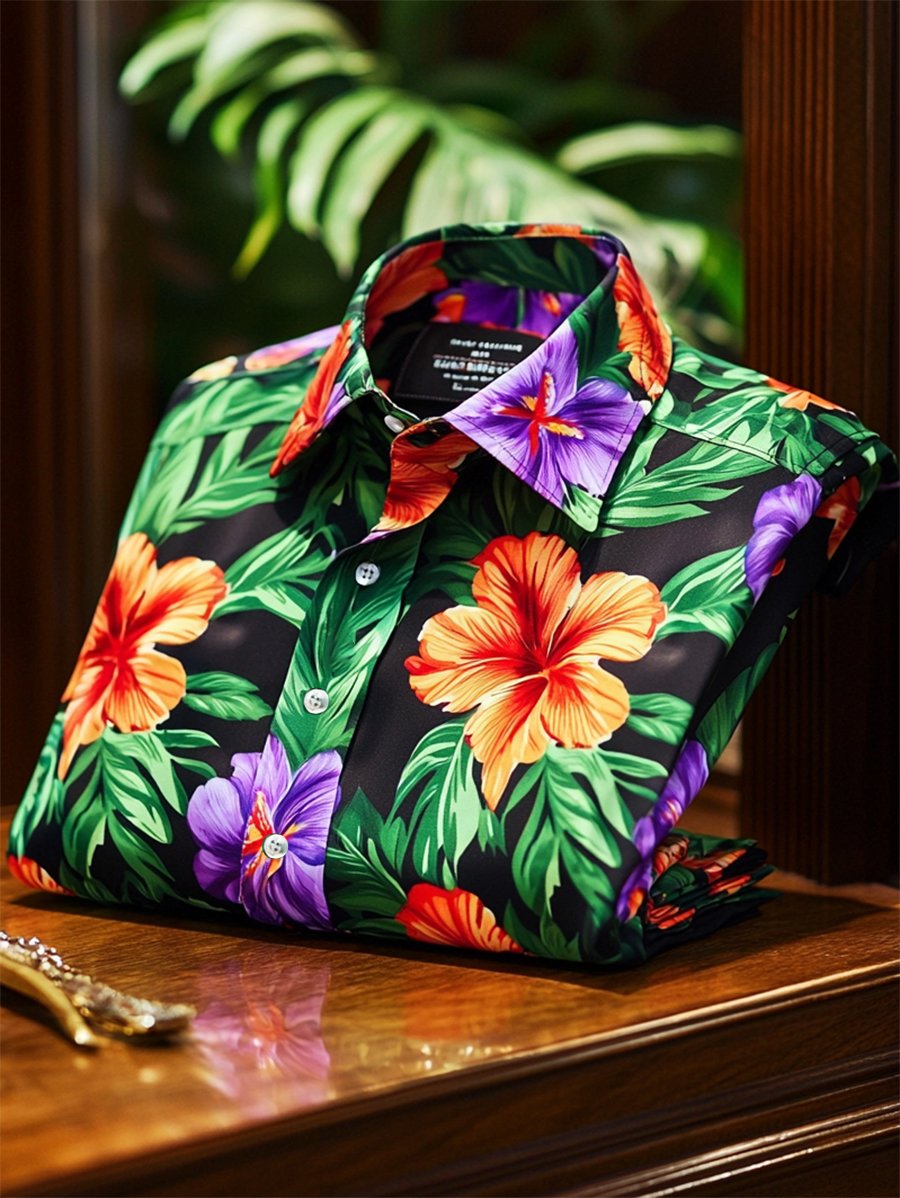 Camisa satén Luxe hawaiano estampado de manga corta Button para hombre