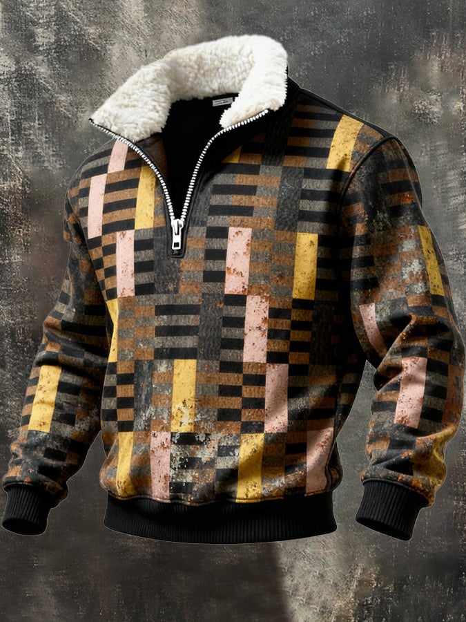 Sudadera retro en bloques de color estampado casual Fur cuello para hombre