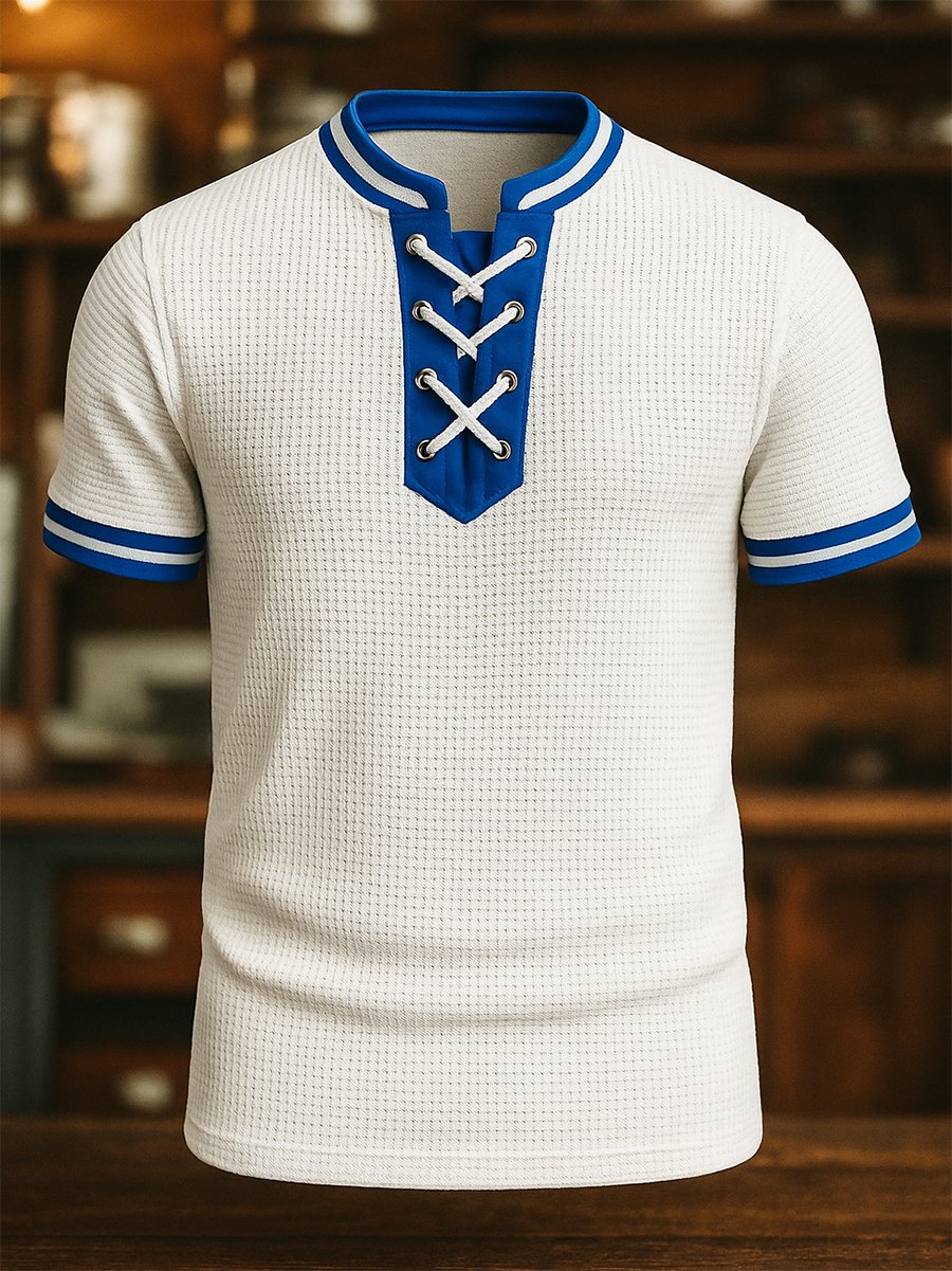 Camiseta de algodón casual de manga corta Henley Neck Tie para hombre