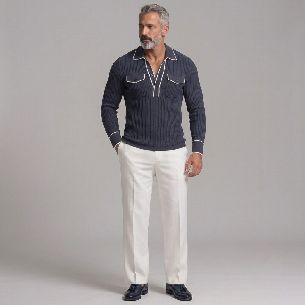 para hombre Ribbed tejido Contrast Piping Chest Pockets de corte entallado de manga larga camisa polo