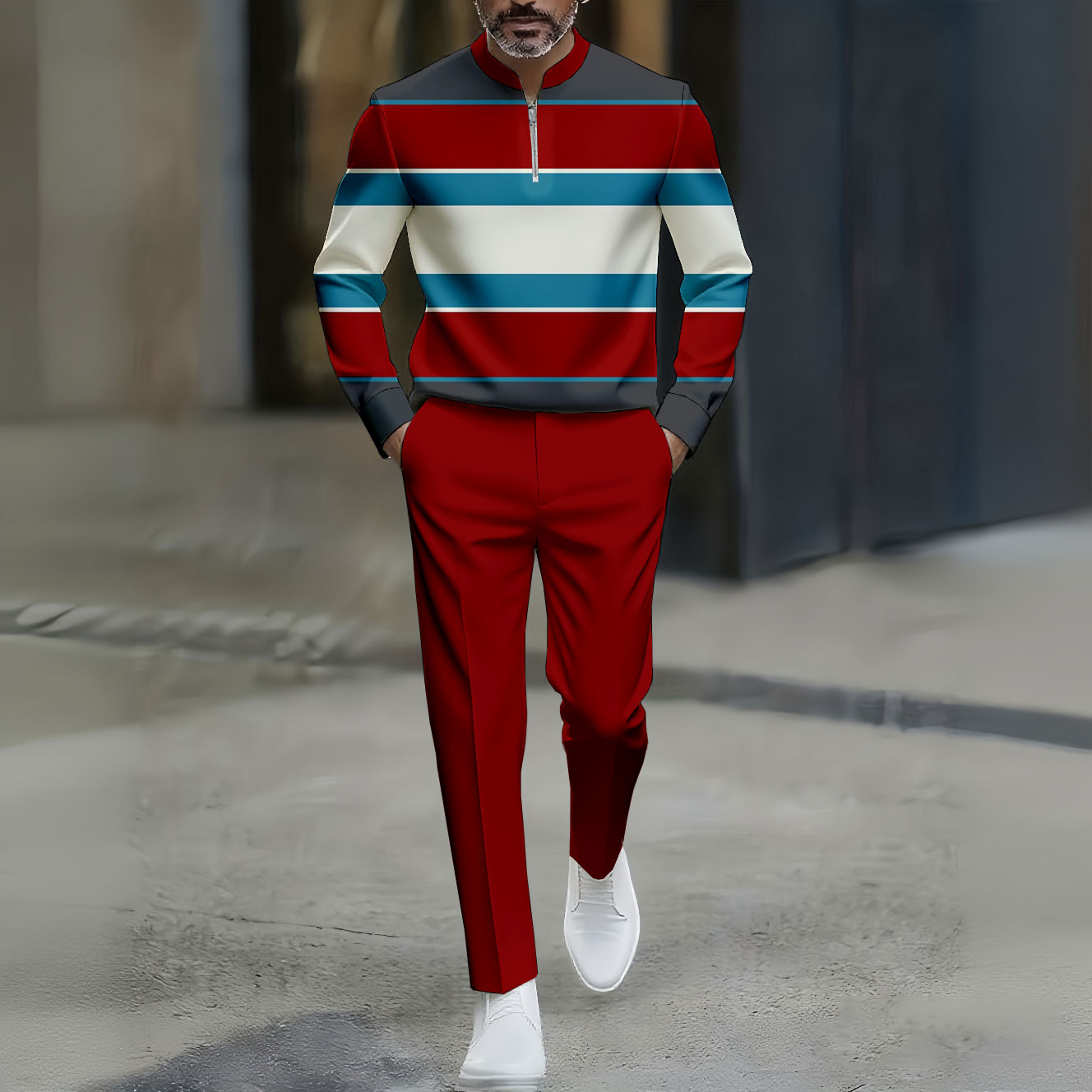Conjunto de dos piezas casual Color Matching a rayas estampado Round-Neck Zipper de manga larga Trousers Red para hombre