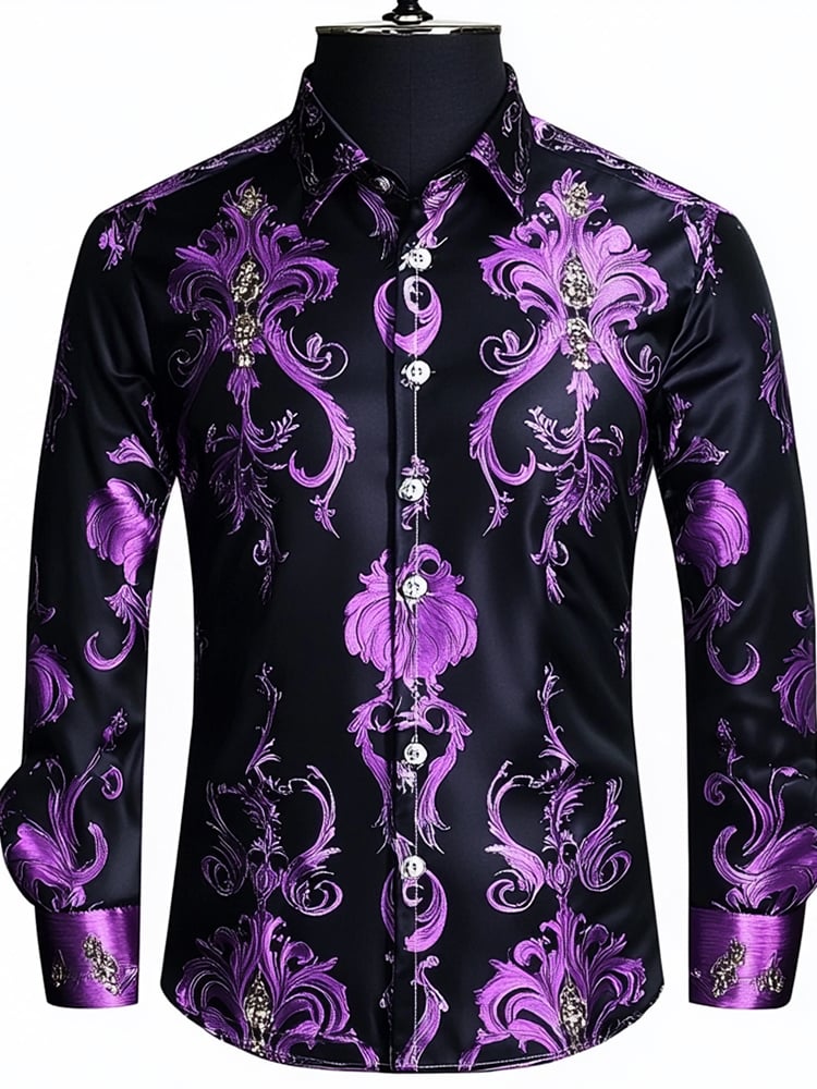 Camisa ejecutivo Black Purple de lujo floral de manga larga para hombre