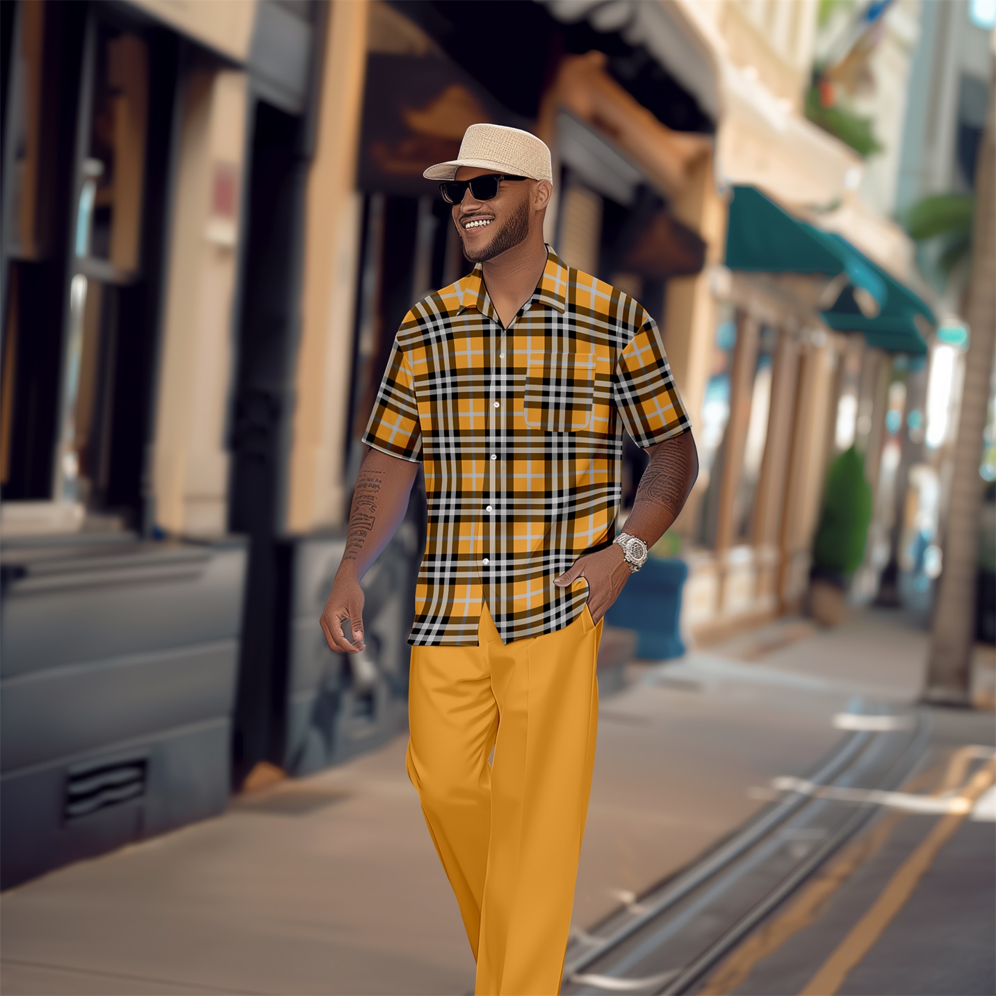 Camisa retro a cuadros Colorblock de manga corta Walking Suit 1650 para hombre