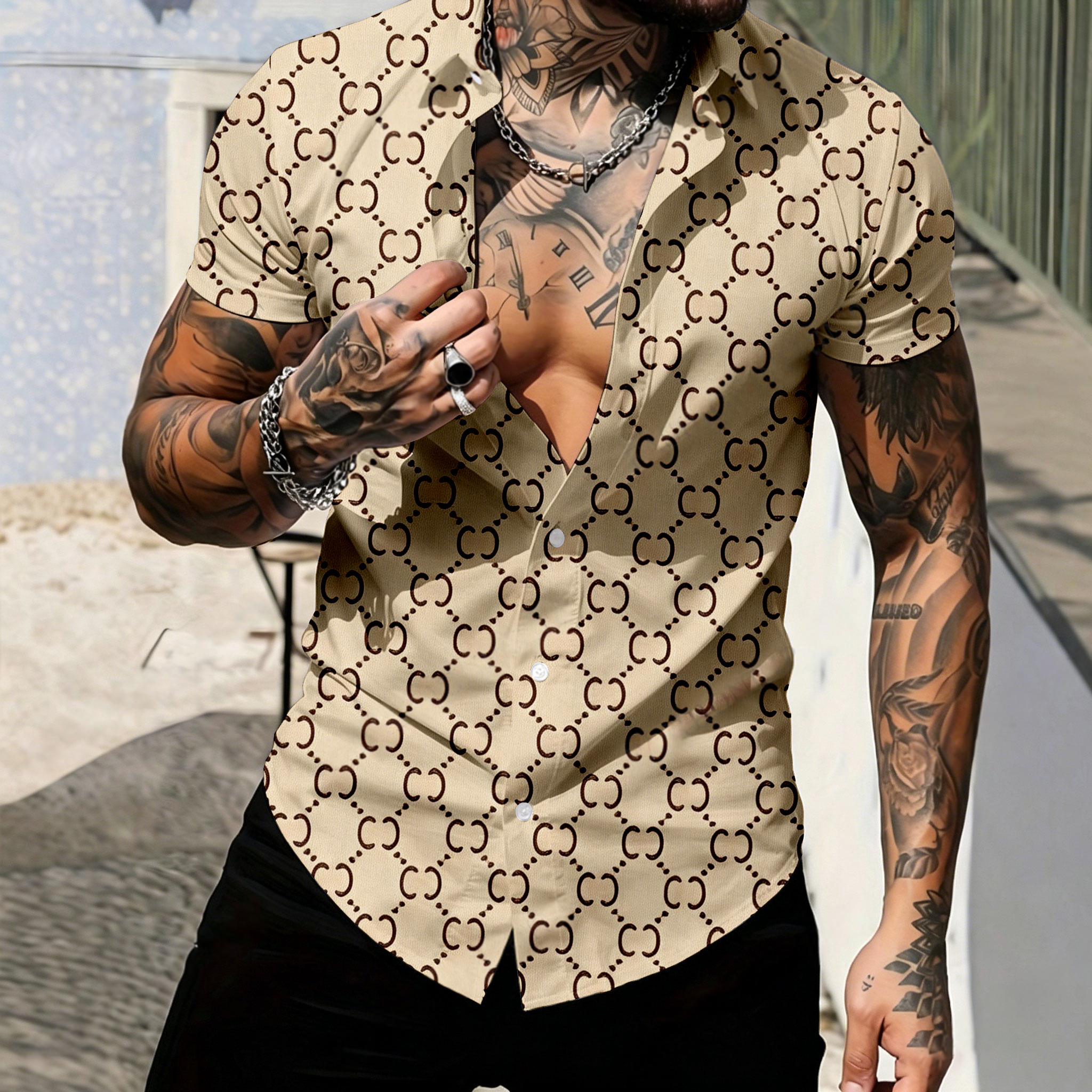 Camisa casual Khaki de manga corta With vintage floral estampado para hombre