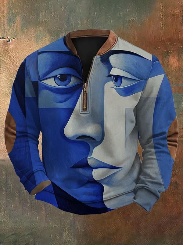 Sudadera de moda casual Art geométrico estampado cierre Neck para hombre