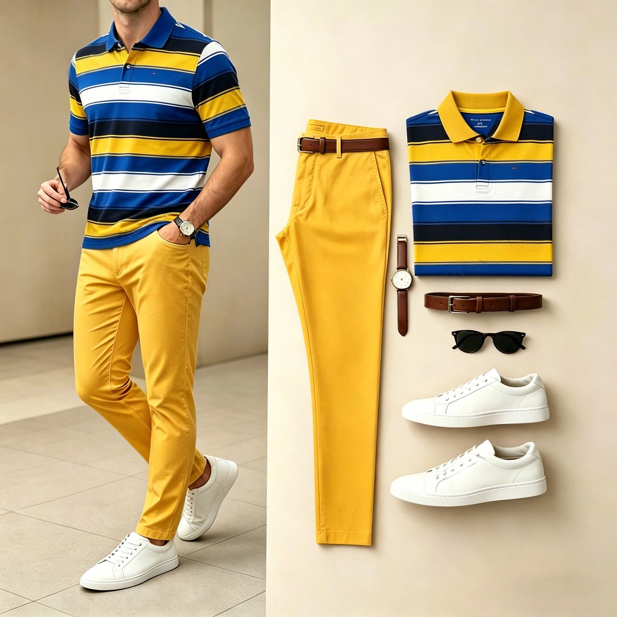 Conjunto de dos piezas casual Yellow rayas estampado camisa polo And pantalón para hombre