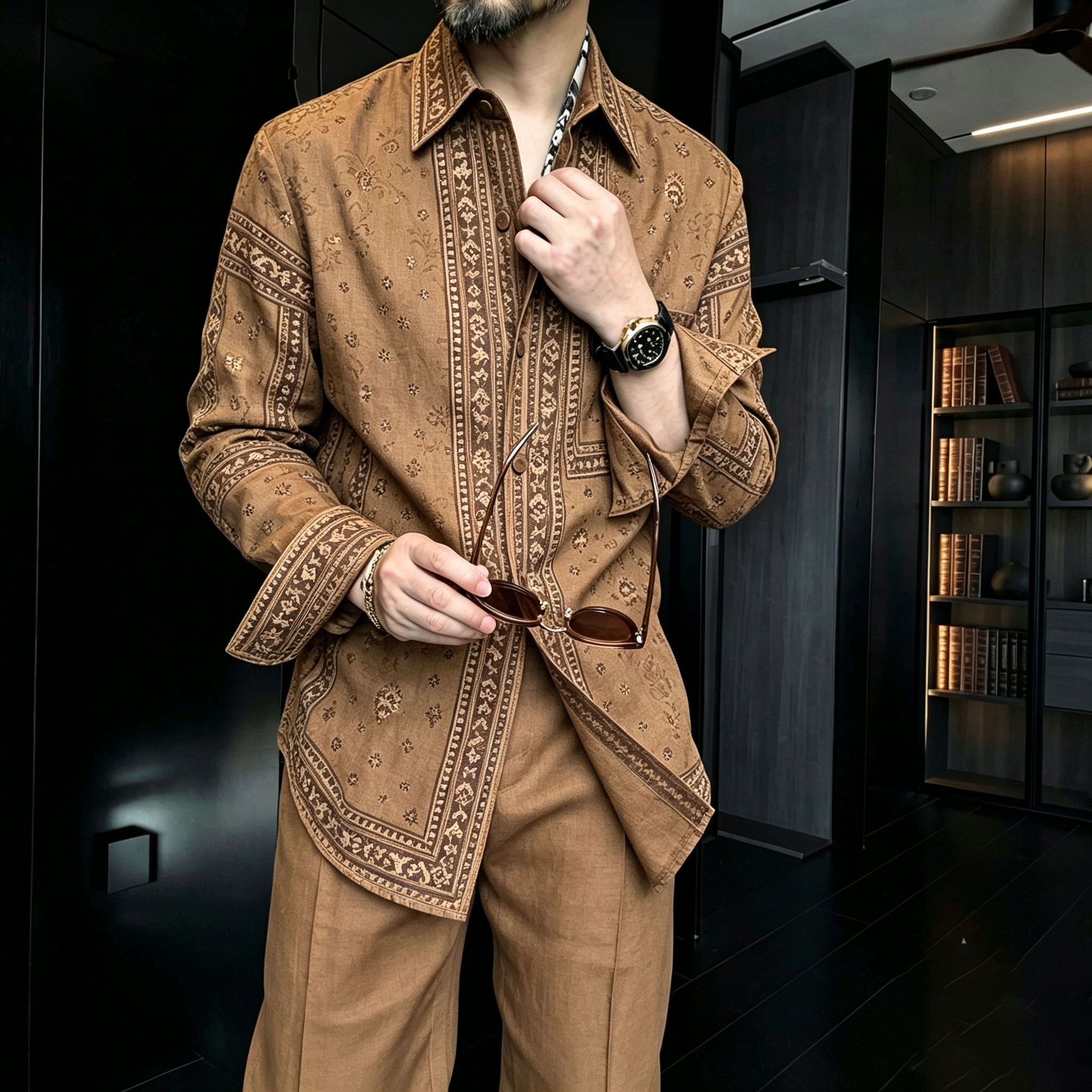 Conjunto de dos piezas casual retro-Style estampado Collared de manga larga camisa and pantalón para hombre