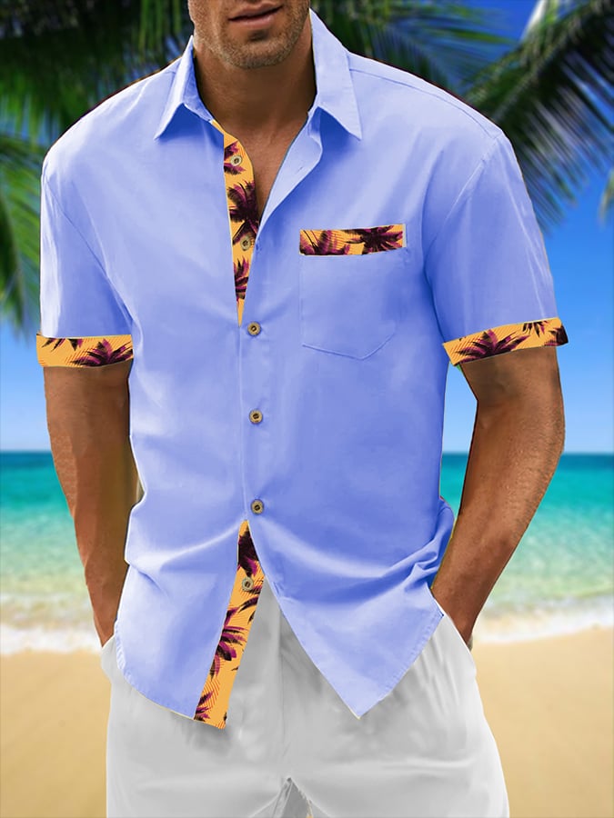Camisa Resort Style Contrast estampado casual de manga corta para hombre