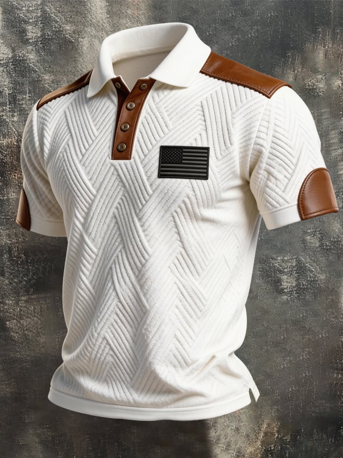 Retro Textured Color-Blocked Polo Collar de manga cortas para hombre
