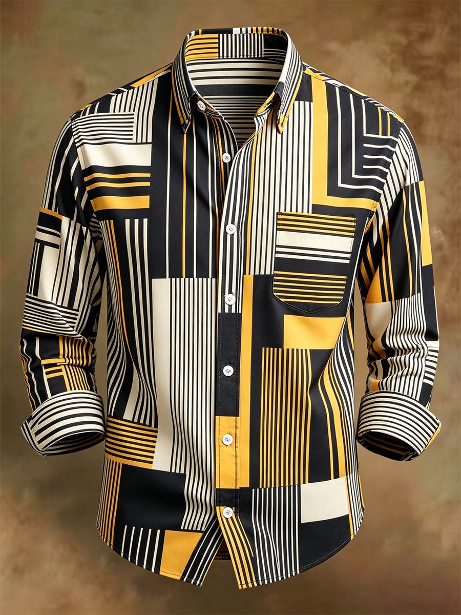 Camisa retro ejecutivo Bag House Geometric de manga larga para hombre