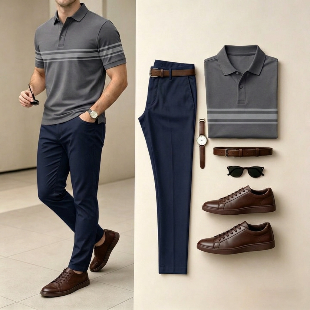 Conjunto de dos piezas Deep Gray & Light Gray Color Matching a rayas estampado de manga corta camisa polo & pantalón para hombre