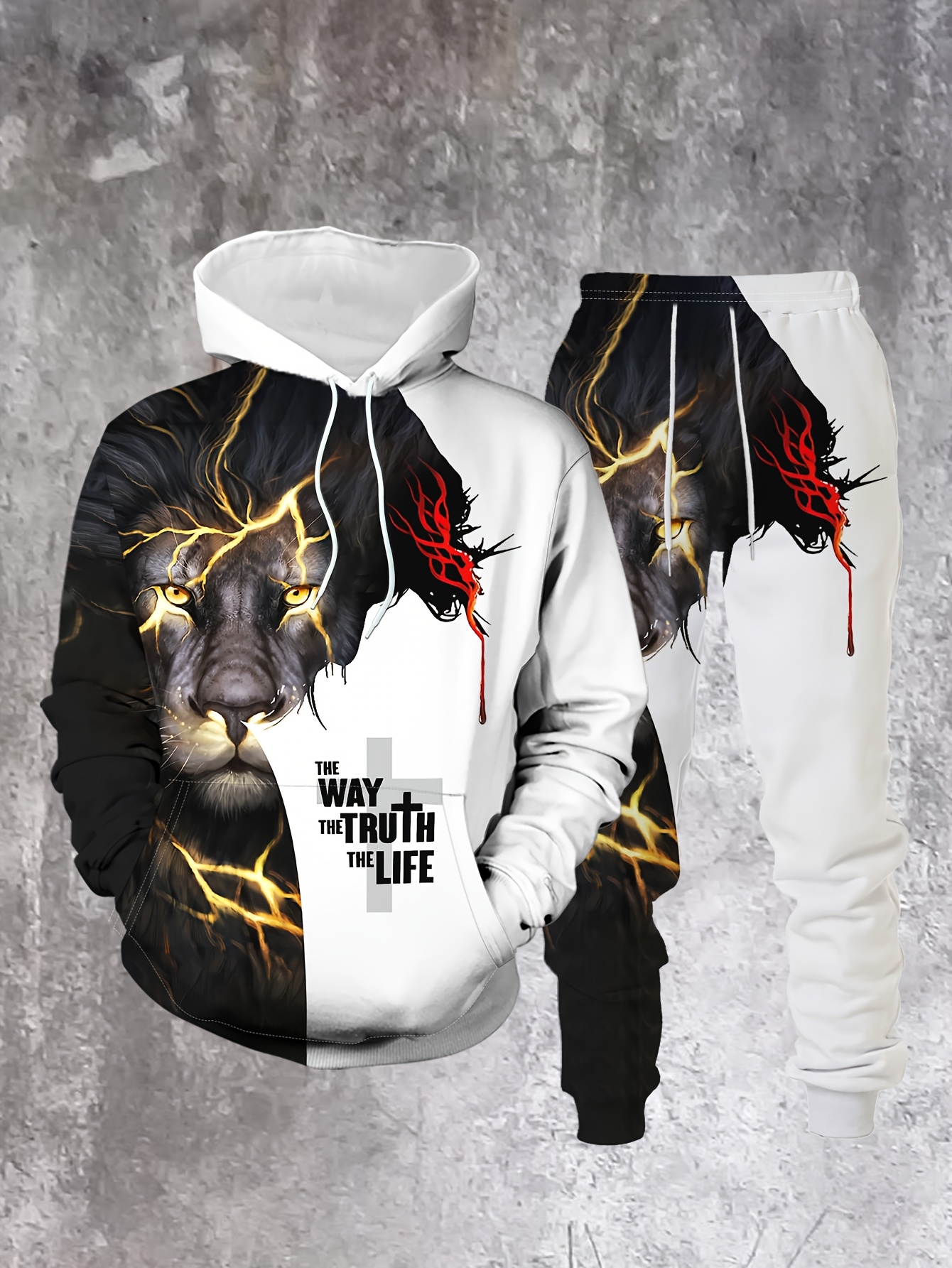 Conjunto de dos piezas casual“Lion" estampado sudadera con capuchas de manga larga sudaderas & Sweatpantalón para hombre