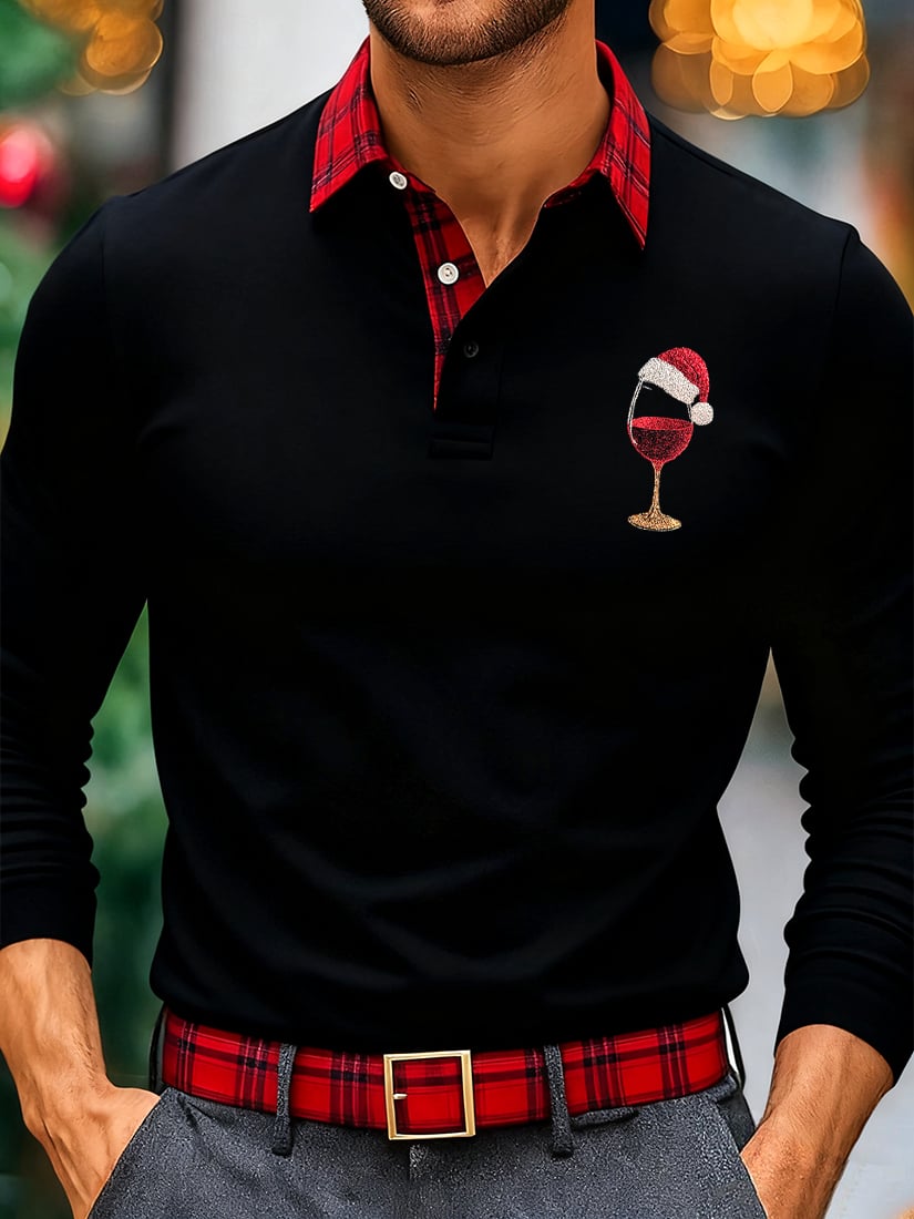 Camisa polo Christmas a cuadros de manga larga para hombre