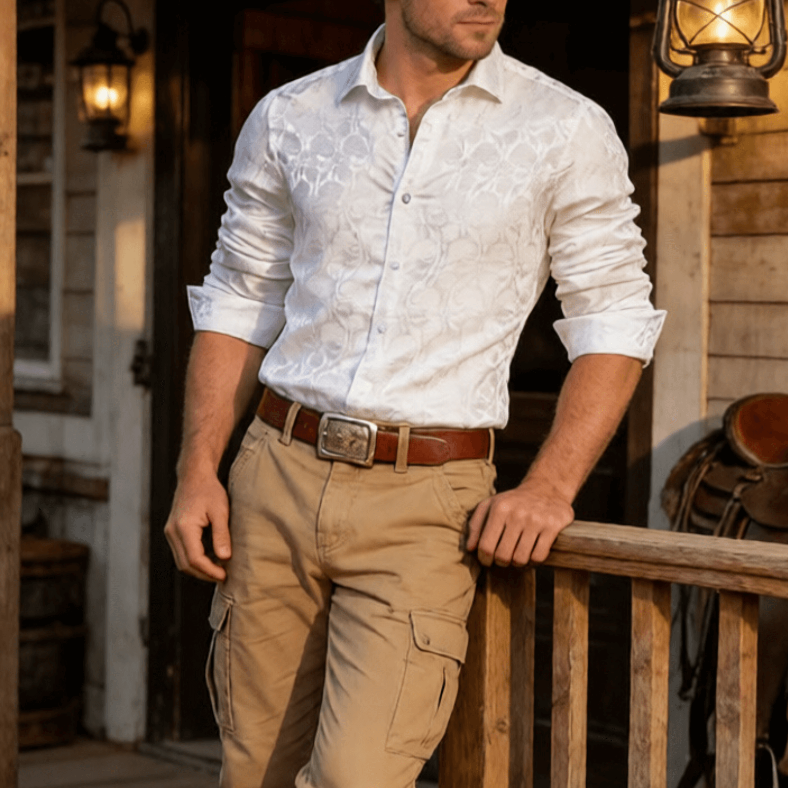 Camisa Mens White de chalecoir Paisley seda de manga larga con botones camisa