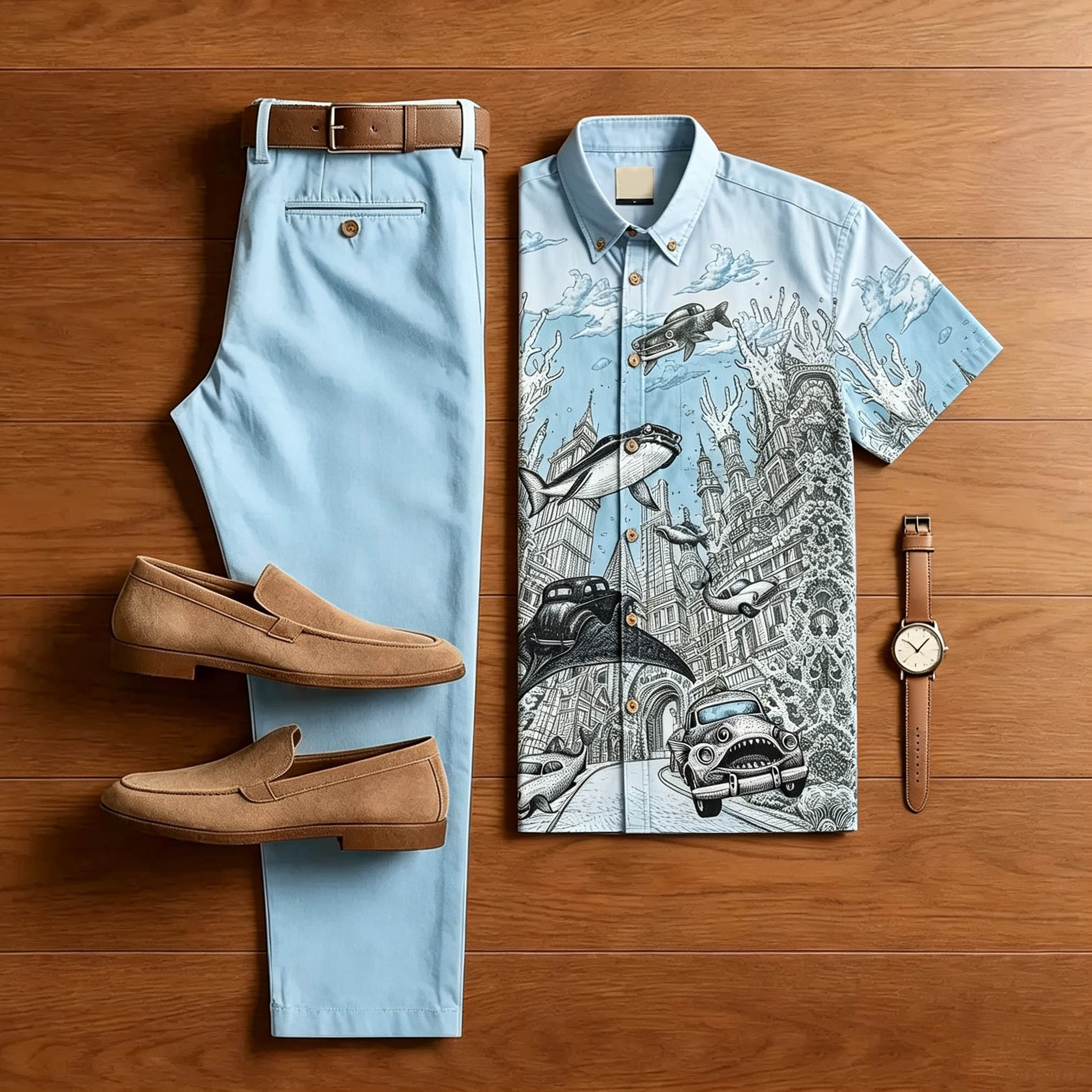 Conjunto de dos piezas Men vintage Undersea City Sketch Princamiseta & Light Blue pantalón