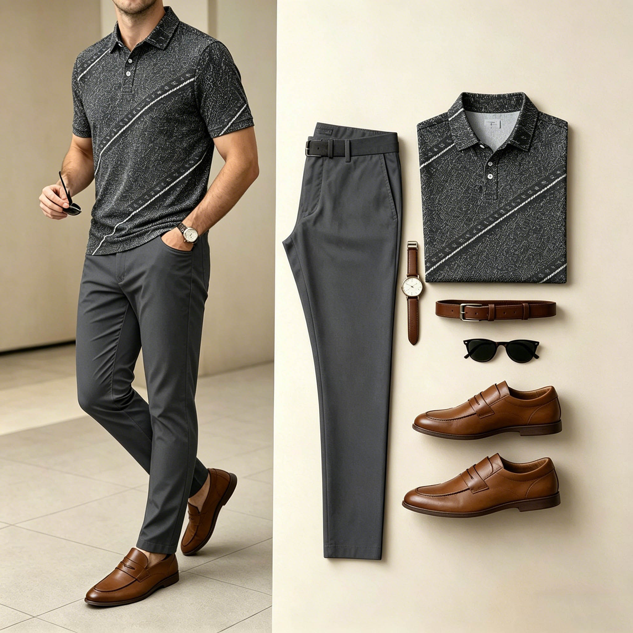 Conjunto de dos piezas ejecutivo Diagonal Thin Texture estampado camisa polo And pantalón para hombre