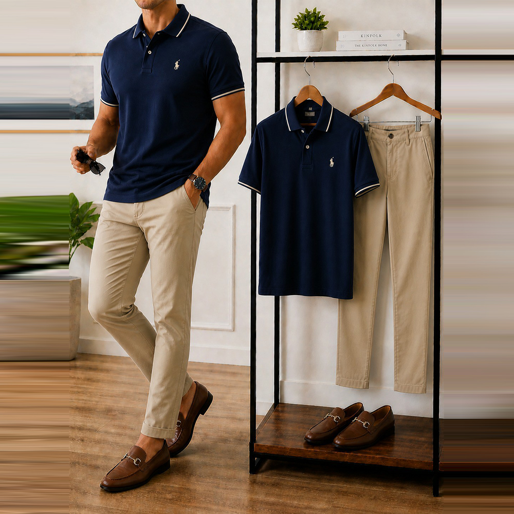 Conjunto de dos piezas casual Navy Blue Trimmed Collar camisa polo And Khaki pantalón para hombre