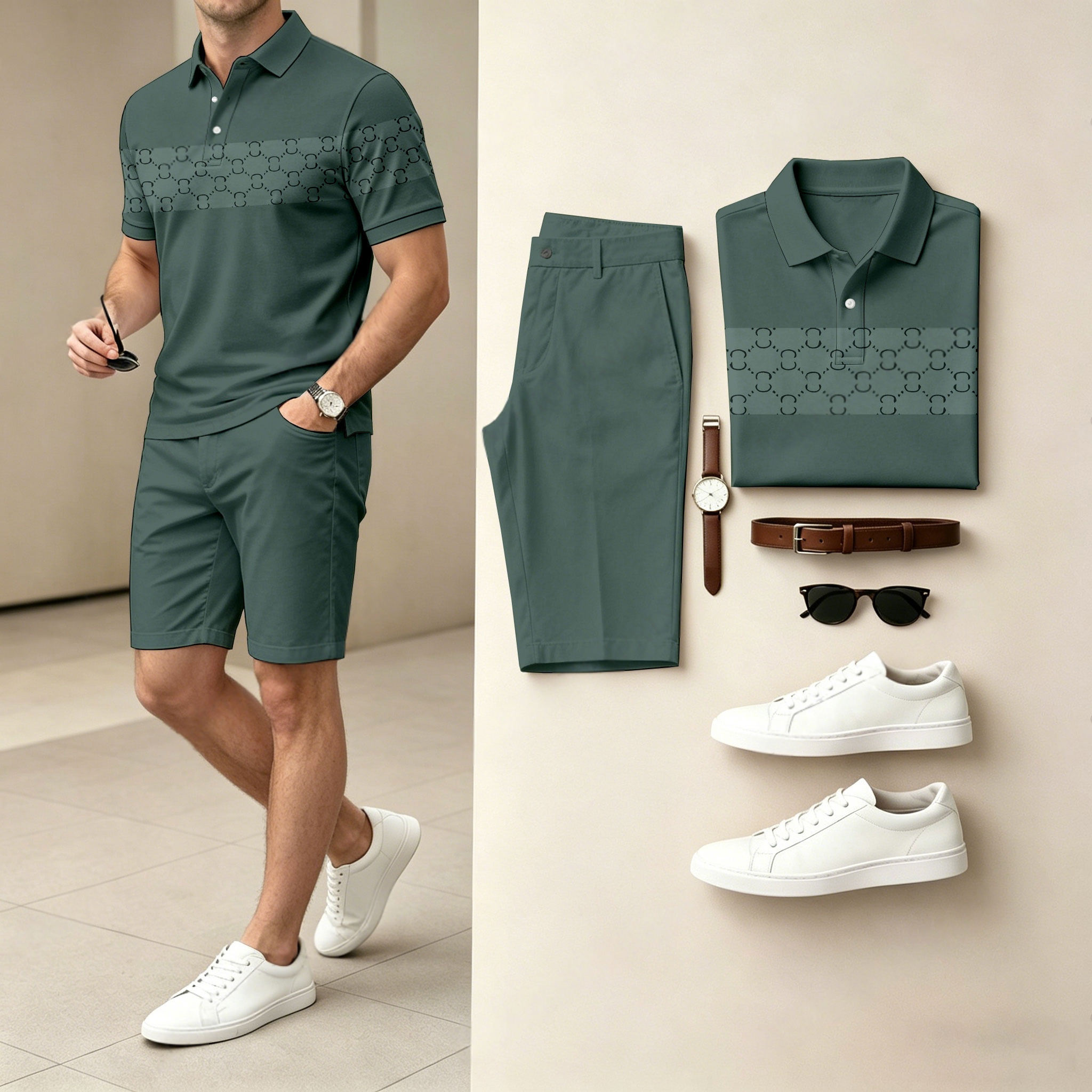 Conjunto de dos piezas casual Geometric Color camisa polo & shorts para hombre