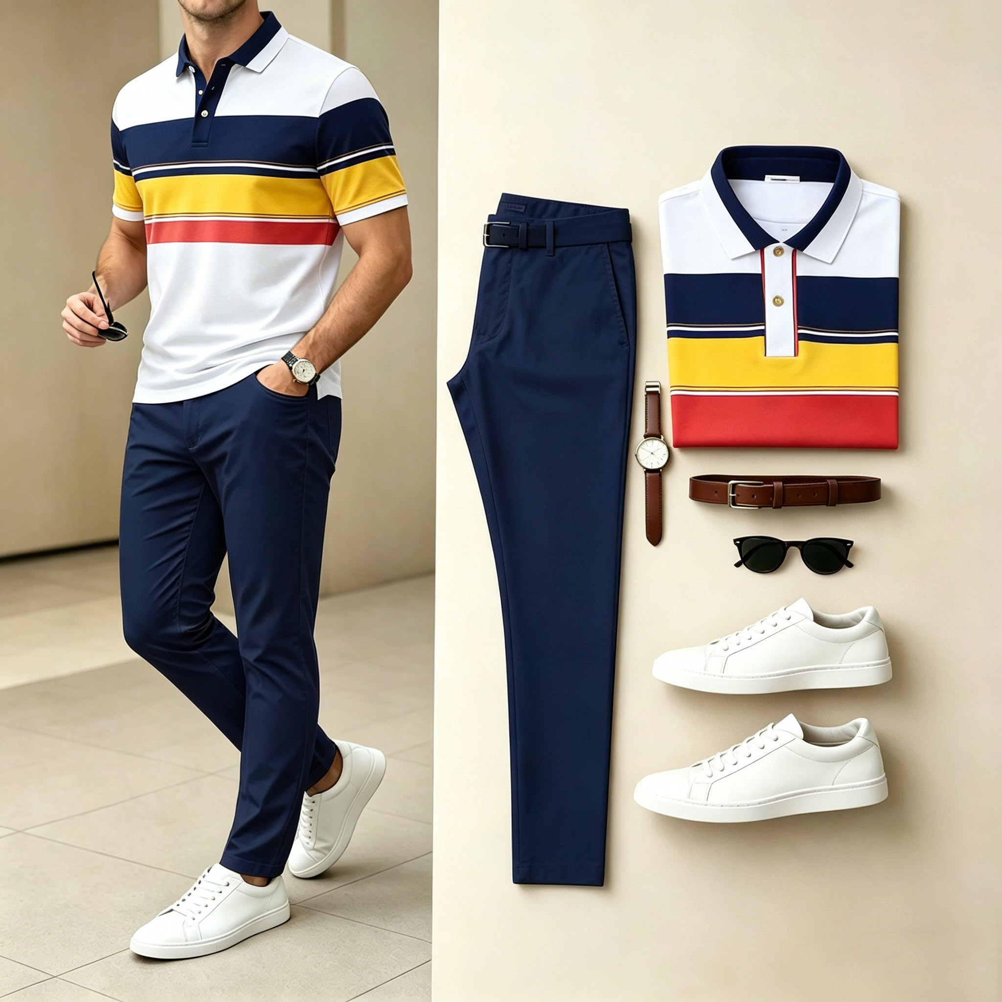 Conjunto de dos piezas casual Colorful rayas White camisa polo & Long pantalón para hombre