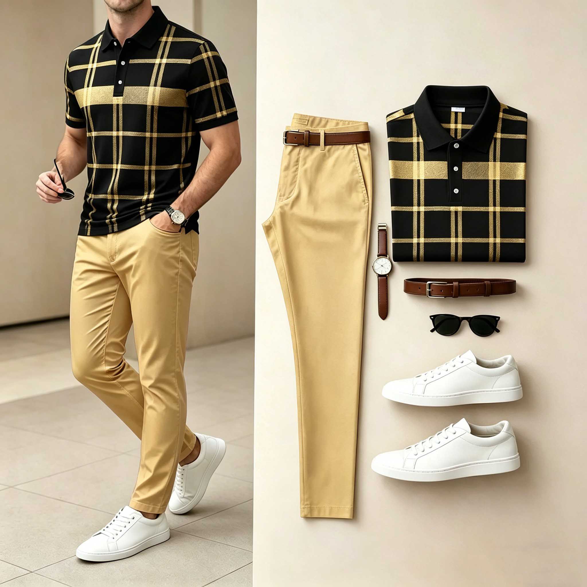 Conjunto de dos piezas casual Black Gold a cuadros estampado camisa polo & pantalón para hombre