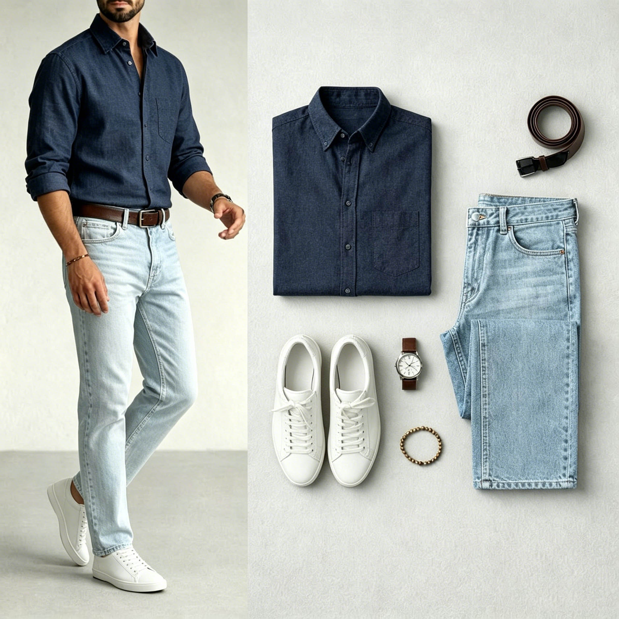 Conjunto de dos piezas Navy Blue & Light Blue Color Matching retro Lapel Collar camisa & Jeans para hombre