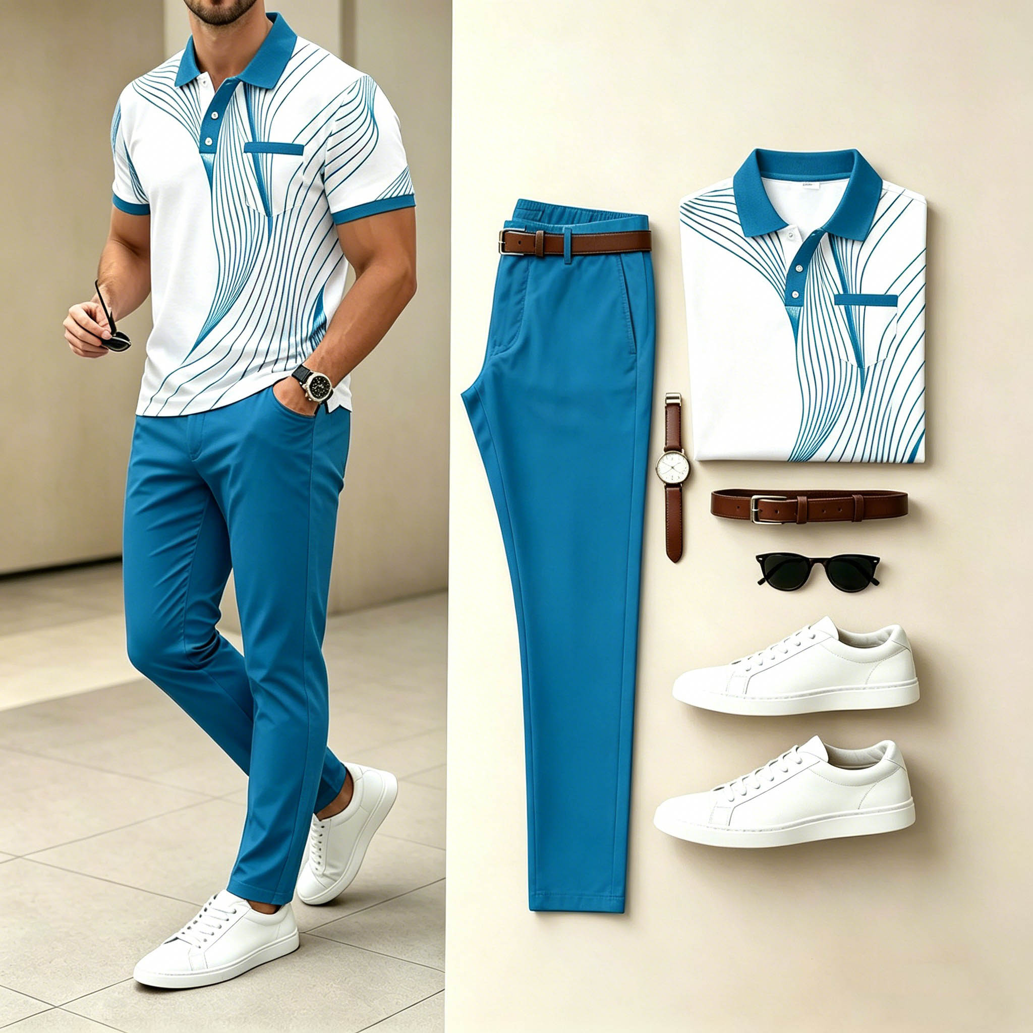 Conjunto de dos piezas casual Cyan Line Geometric estampado camisa polo & Bright Blue pantalón para hombre