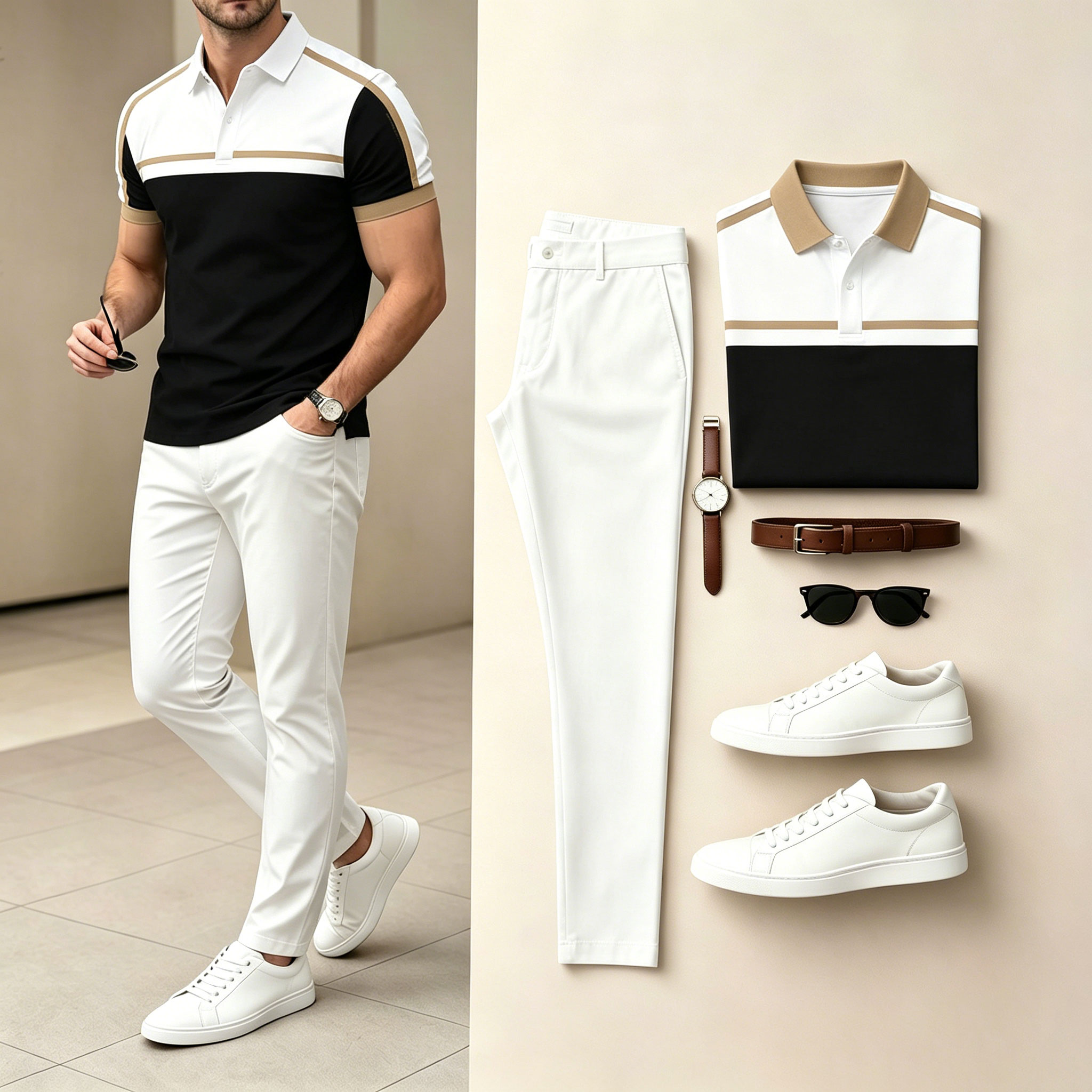 Conjunto de dos piezas Black & White Color Matching Geometric estampado de manga cortas camisa polo & pantalón para hombre