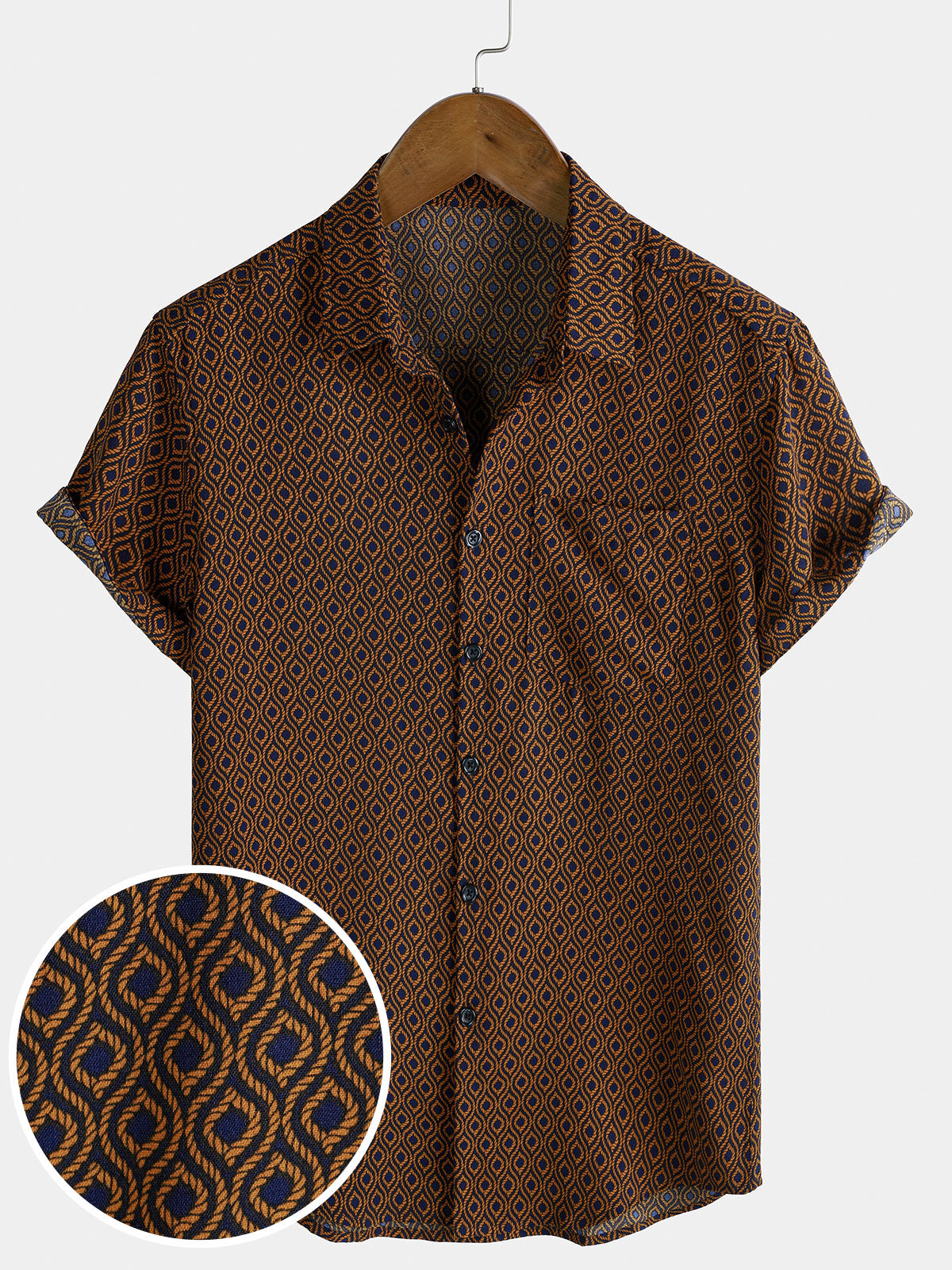 Camisa casual Holiday Brown de manga corta Button Up retro para hombre
