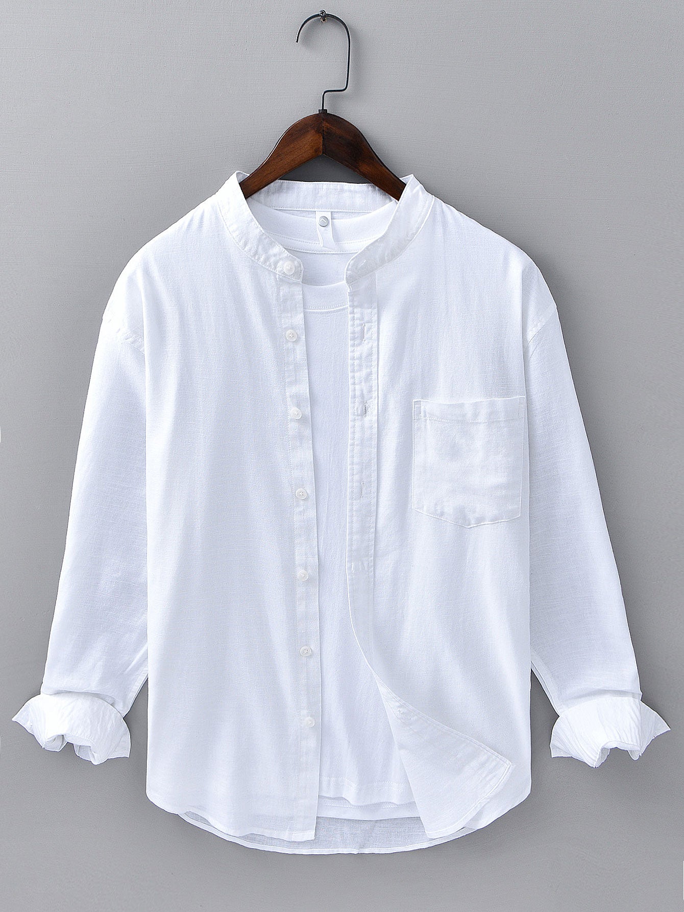 Camisa de manga larga de lino de algodón Stand Collar With Pocket