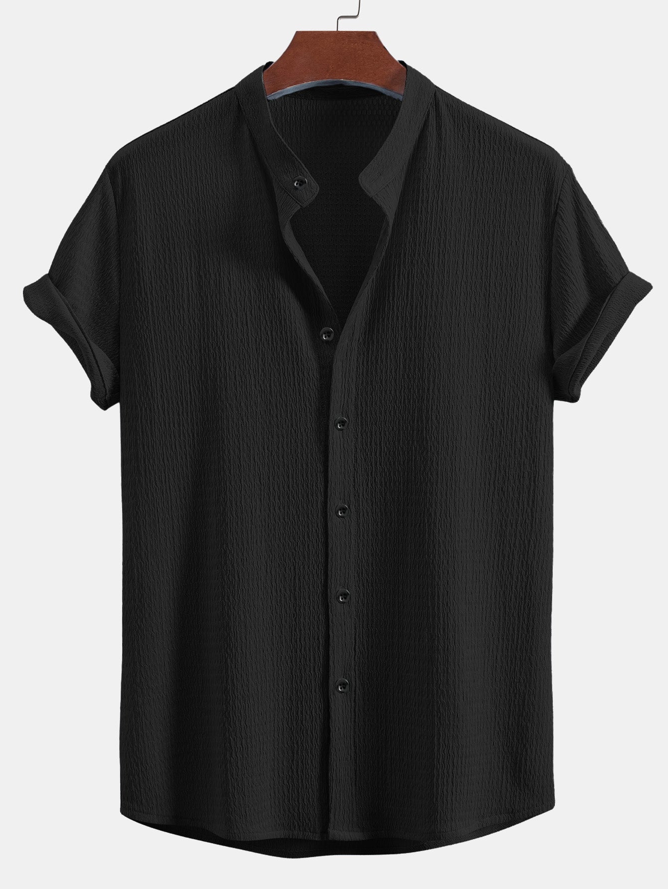 Camisa Muscle Fit Crinkled Textured Stand Collar